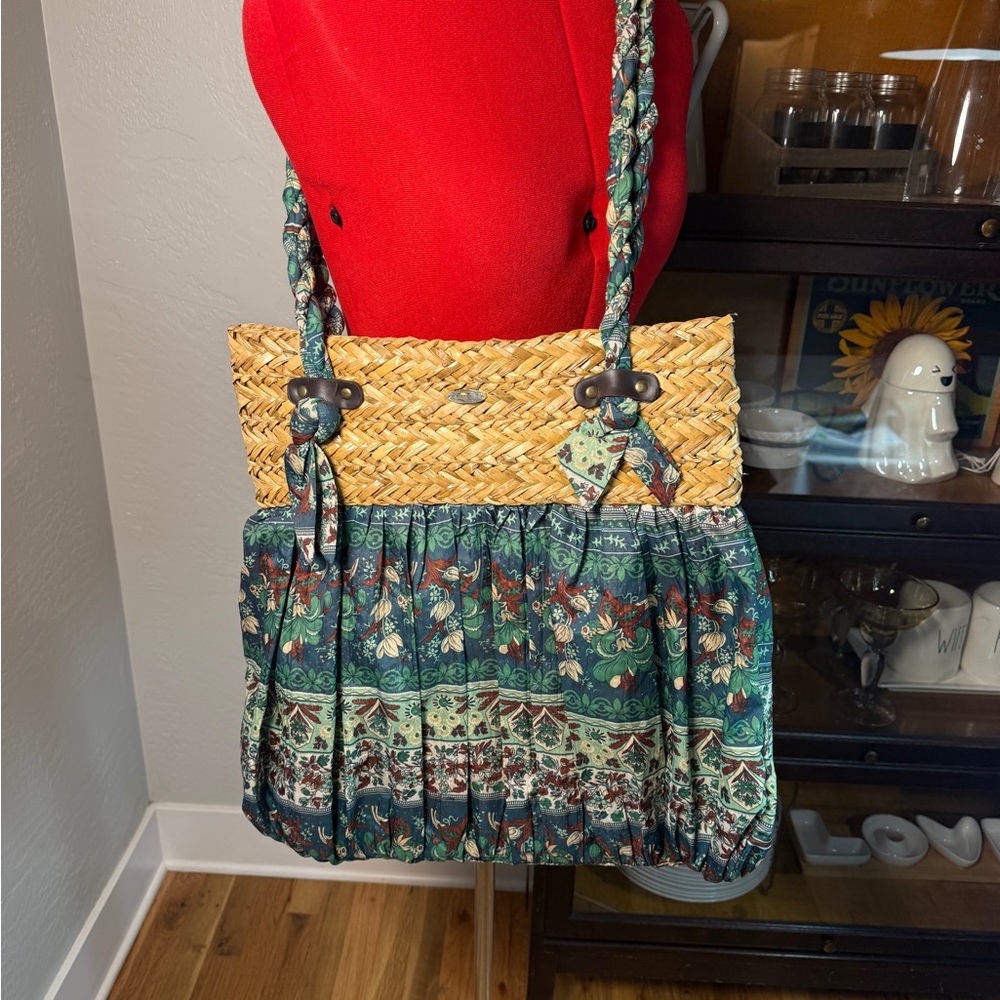 Vintage Cappelli Straworld Woven Straw Tote Bag Floral Fabric Boho Y2K